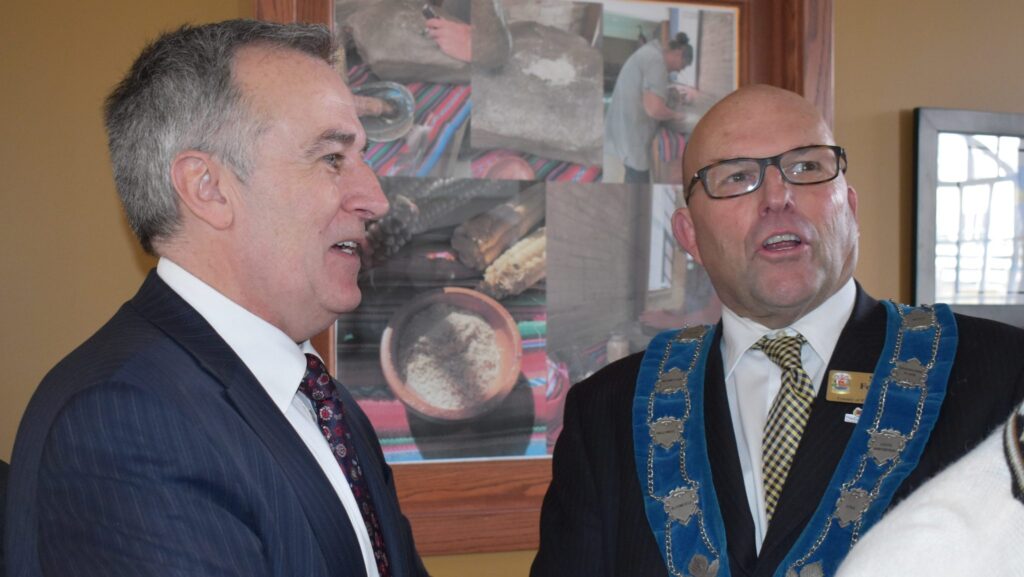<p>SEASON’S GREETINGS- Bay of Quinte MP Neil Ellis was one of several dignitaries visiting with Prince Edward County Mayor Steve Ferguson at Macaulay Museum on Sunday as the municipality hosted its annual New Year’s Levee. (Jason Parks/Gazette Staff)</p>
