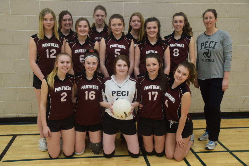 <p>Bronzed – The PECI Junior Volleyball Panthers took third place at the COSSA touranment Friday. In front, from left, are Vanessa Wilton, Kaitlyn McConkey, Erica Monroe, Lauren Smith, and Jolie Elliott. In the back row, from left, are  Taylor Squire, Abby Conley, Hannah Goad, Leah Armstrong, Ava Struthers,  Mercedes Crowe, Emily Stasiw, Gracie Burris and coach Sarah Vader. (Adam Bramburger/Gazette staff)</p>
