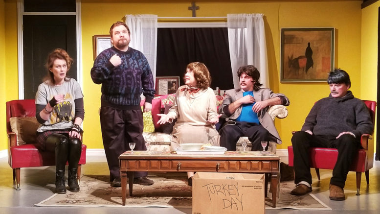 <p>Family ties – The cast of Prince Edward Community Theatre’s production of Making God Laugh rehearse prior to Saturday’s opening. From left, Maddie (Kim Kennedy), Thomas (Kyle Watson), Ruthie (Fran Larkin), Richard (Adam McGowan, and Bill (Fred Lester) perform on the Mt. Tabor stage. (Submitted photo)</p>
