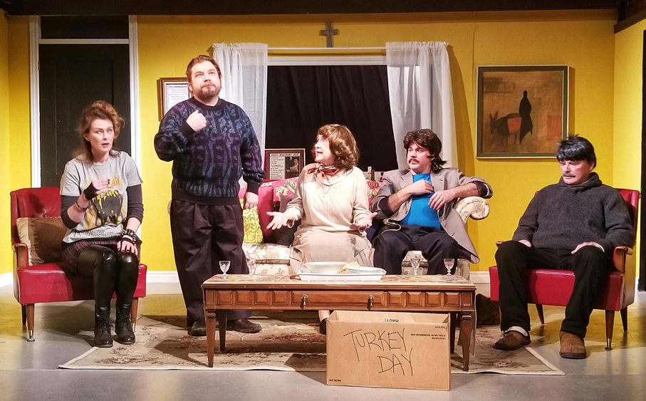 <p>Family ties – The cast of Prince Edward Community Theatre’s production of Making God Laugh rehearse prior to Saturday’s opening. From left, Maddie (Kim Kennedy), Thomas (Kyle Watson), Ruthie (Fran Larkin), Richard (Adam McGowan, and Bill (Fred Lester) perform on the Mt. Tabor stage. (Submitted photo)</p>
