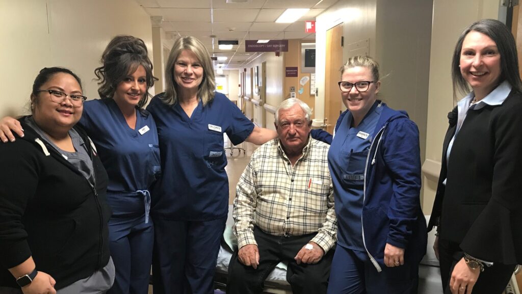 <p>THANK YOU SMITTY- Corbyville businessman Cecil ‘Smitty’ Smith received excellent care during a routine scope procedure at PECMH last month. Smitty’s Appliances has donated $5,000 to the Back the build campaign. Pictured at the endoscopy appointment were (From left) Joessel Caytiles – RPN, Amy McKinley – RPN, Delores Chalmers – RN and team leader for the Endoscopy Department, Cecil ‘Smitty’ Smith (seated),  Shannon Reid – RPN and Shannon Coull, executive director of the PECMH Foundation. (Submitted Photo)</p>
