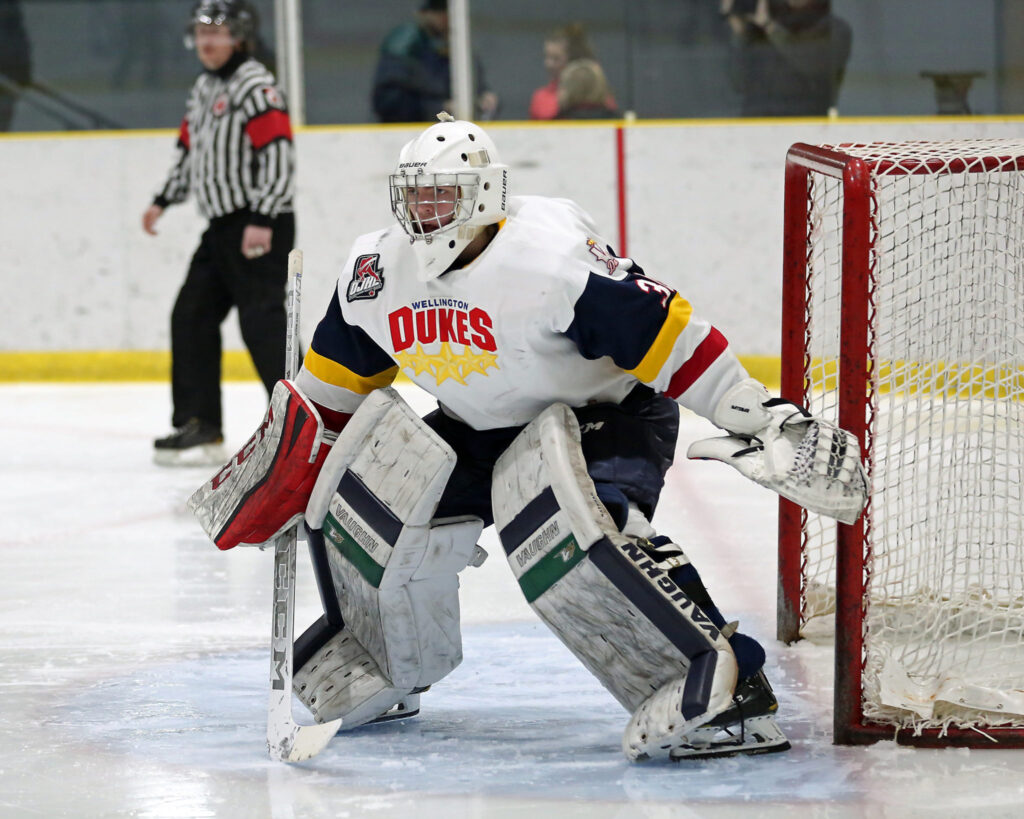 <p>A BLANK SLATE- Wellington Dukes goaltender Logan Bateman picked up his first shutout of the season on Friday as the Dukes blanked the host Lindsay Muskies 4-0.<br />
(Photo by Ed McPherson / OJHL Images)</p>
