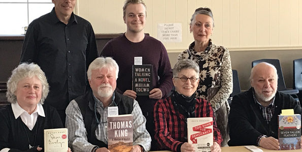 <p>readers ready Clockwise from top left: moderator Ken Murray, Trevor Brookes, County Library CAO Barbara Sweet, Bernie Finkelstein, Elizabeth Etue, Bill Roberts, and Sally Keefe Cohen promote the upcoming County Reads debate at St. Mary Magdalene April 25. (Submitted photo)</p>
