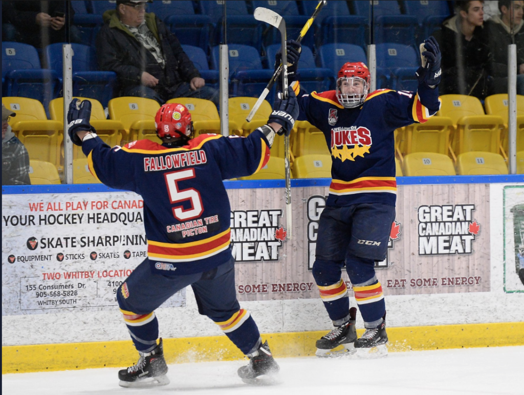 <p>SEVENTH HEAVEN! – Dukes captain Tim Fallowfield celebrates Quinn Hanna’s last minute, series winning goal in Wellington’s dramatic 5-4 win over the host Whitby Fury on Tuesday evening. (Shaun Muir/OJHL Images)</p>
