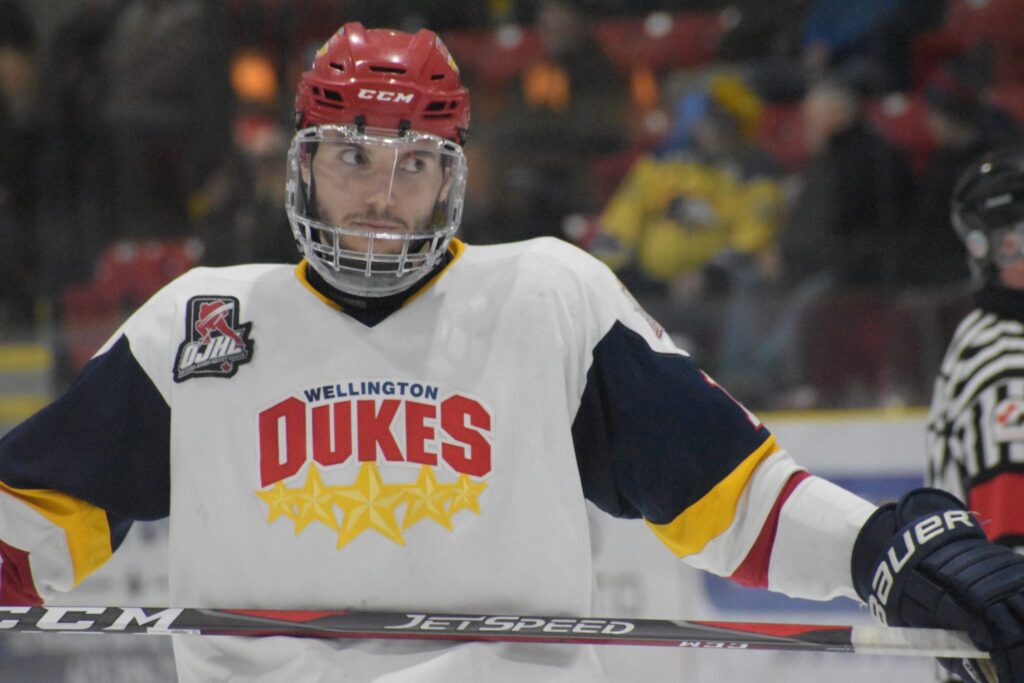<p>Wellington Dukes defenceman Quinn Hanna scored the first goal of Game 4 but the Dukes fell to the visiting Whitby Fury 3-2 in overtime. (Jason Parks/Gazette Staff)</p>
