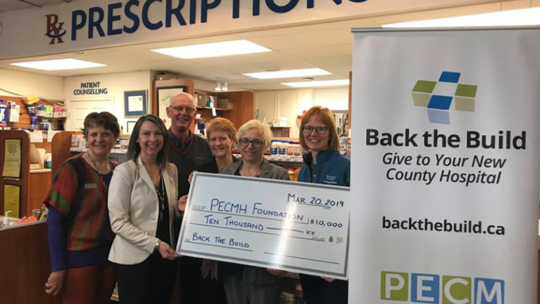 <p>SUPPORTIVE SCRIPT- (From left)  (From Left) Hospital Foundation Chair Monica Alyea, Executive Director Shannon Coull, board member Cline Pearson and Back the Build Campaign Manager Marthe Robertson join Wellington Pharmacy owners Gail Wilson and Christa Smith at a cheque presentation on Wednesday. The Pharmacy has made a five year, $10,000 commitment for the PECMH redevelopment project. (Submitted Photo)</p>
