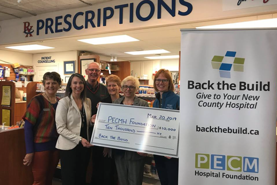 <p>SUPPORTIVE SCRIPT- (From left)  (From Left) Hospital Foundation Chair Monica Alyea, Executive Director Shannon Coull, board member Cline Pearson and Back the Build Campaign Manager Marthe Robertson join Wellington Pharmacy owners Gail Wilson and Christa Smith at a cheque presentation on Wednesday. The Pharmacy has made a five year, $10,000 commitment for the PECMH redevelopment project. (Submitted Photo)</p>

