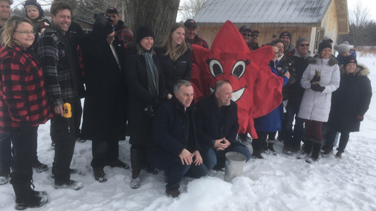 <p>A sweet  Scene Prince Edward County maple syrup producers and dignitaries pose for photos with Mabel the Maple Leaf Friday at Loha Farms to promote the 18th Maple in the County weekend March 30-31 There are 13 sugar bushes participating with a wide range of family activities. (Adam Bramburger/Gazette staff)</p>
