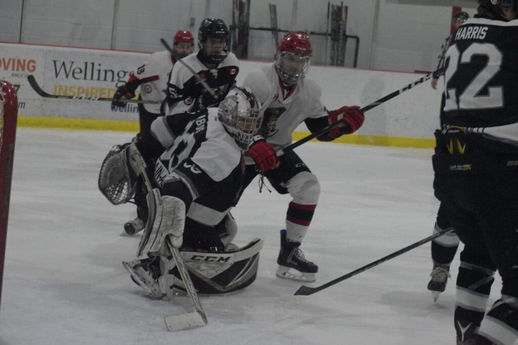 <p>Picton Pirates forward Griffen Conger closes in on Napanee Raiders net minder Nicholas Nabuurs during the second period of Game Two of the Tod Division finals. Nabuurs made 23 saves for his fourth shutout of the 2019 PJHL playoffs. (Jason Parks/Gazette Staff)</p>
