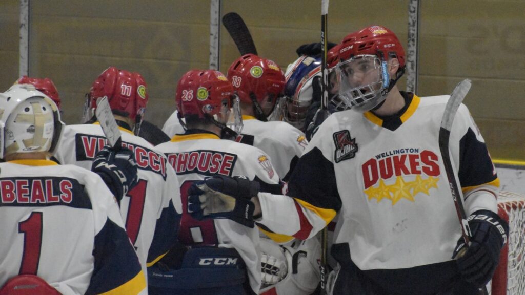 <p>(Right) Wellington Dukes defenceman Quinn Hanna was instrumental in his club’s comeback win on Thursday night, scoring the game tying goal and setting up the game winning tally in the final two minutes of play. (Jason Parks/Gazette Staff)</p>
