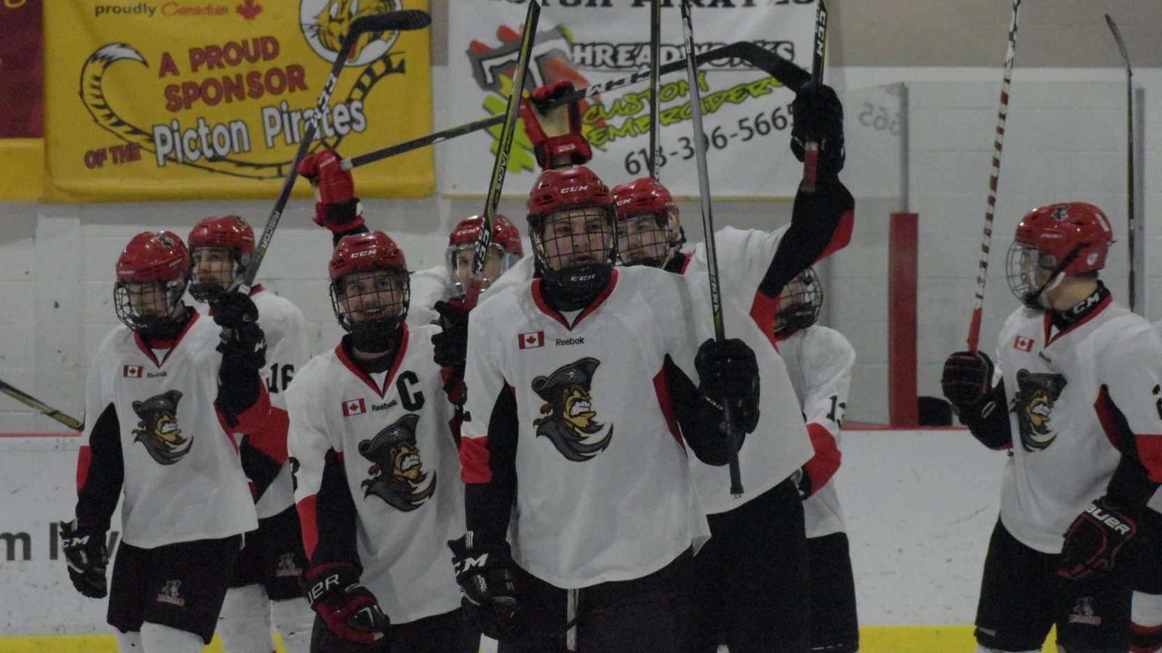 <p>MOVING ON- The Picton Pirates salute their fans after eliminating the visiting Amherstview Jets in Game Five of the 2019 Tod Division semi finals Thursday night. (Jason Parks/Gazette Staff)</p>
