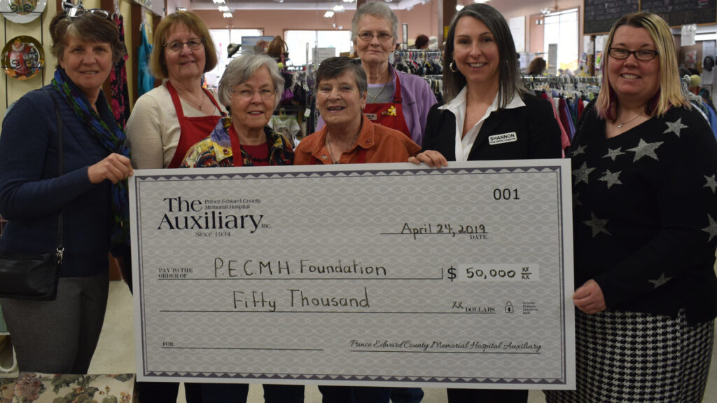 <p>AUXILLARY SUPPORT- The Prince Edward County Memorial Hospital Auxiliary made a $50,000 donation to the Prince Edward County Memorial Hospital Foundation for 2018-19 medical equipment costs. Pictured at Tuesday’s cheque presentation at the Second Time Around Shop are (From left): Monica Alyea, Pat Evans, Fran Donaldson, Rebecca MacKellar, Pam Strachan, Shannon Coull and Briar Boyce. (Sarah Williams/Gazette Staff)</p>
