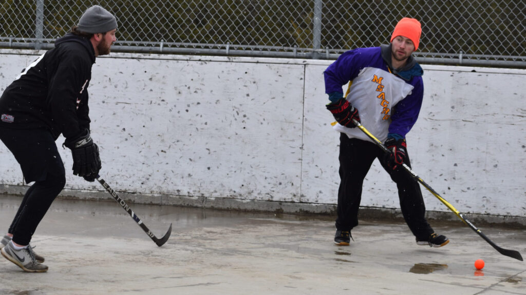<p>Belleville’s Dylan Stavely-Watson defends Evan Greer of Masgro at the 2019 Heritage Classic at Demorestville Saturday. (Jason Parks/Gazette Staff)</p>
