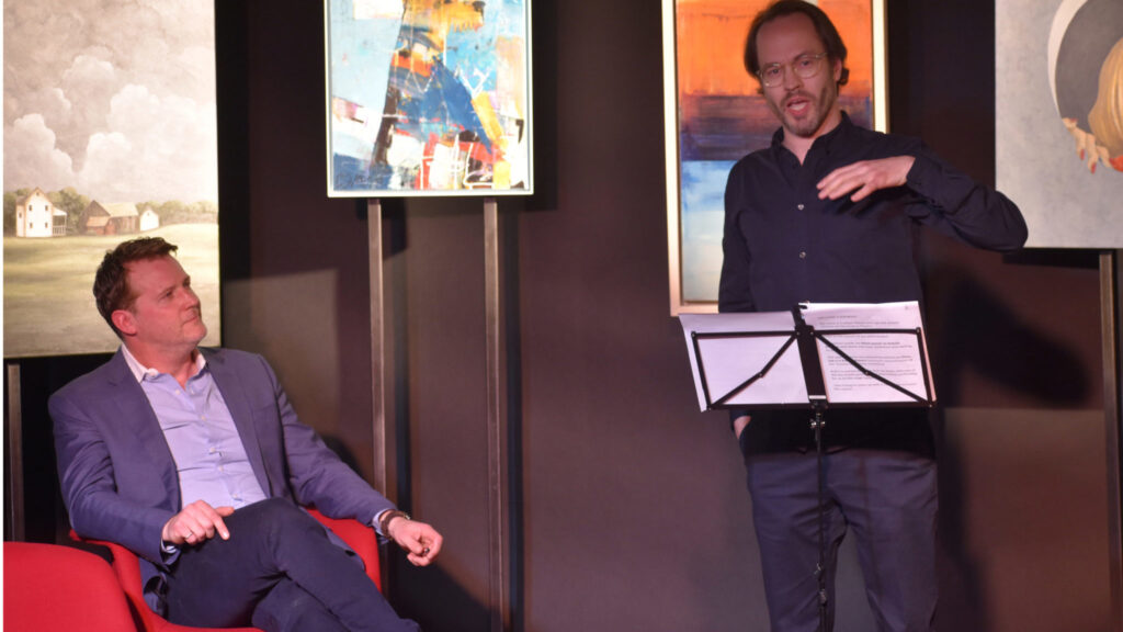 <p>FEELING FESTIVE- (From Left) Festival Players Artistic Director Graham Abbey listens to Wellington Water Week Music Director Johannes Debus at the 2019 lineup launch at the Studio Theatre in Wellington on Sunday. (Jason Parks/Gazette Staff)</p>
