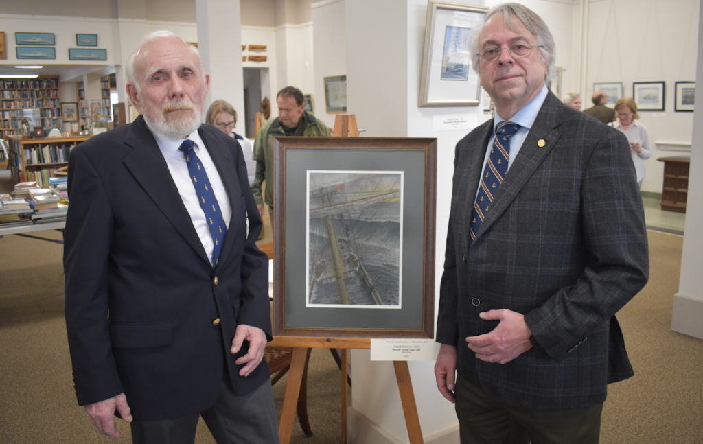 <p>(Left) Dr. Paul Adamthwaite, Curator of the Naval Marine Archives and retired Royal Canadian Naval officer George Zimmerman with the late Hamish Berchem’s Bound, round Cape Stiff. (Jason Parks/Gazette Staff)</p>
