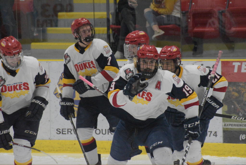 <p>HI MOM!- Wellington Dukes centre Tyson Gilmour waves to the television camera after scoring the eventual game-winning goal in Wellington’s 7-2 Game 4 win over the visiting North York Rangers in the 2019 OJHL Northeastern Conference Finals on Tuesday night. (Jason Park/Gazette Staff)</p>
