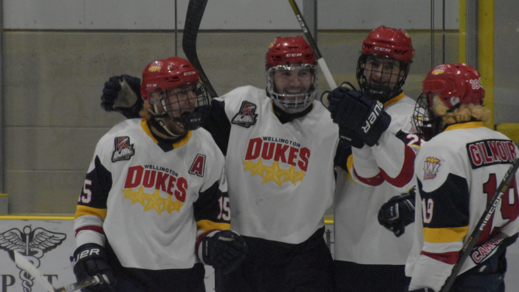 <p>(From Left) Wellington Duke forward Andrew Rinaldi celebrates his Game 2 first period short handed goal with teammates Quinn Hanna, Joe Roy and Tyson Gilmour.  The hosts won the game in overtime 4-3.(Jason Parks/Gazette Staff</p>
