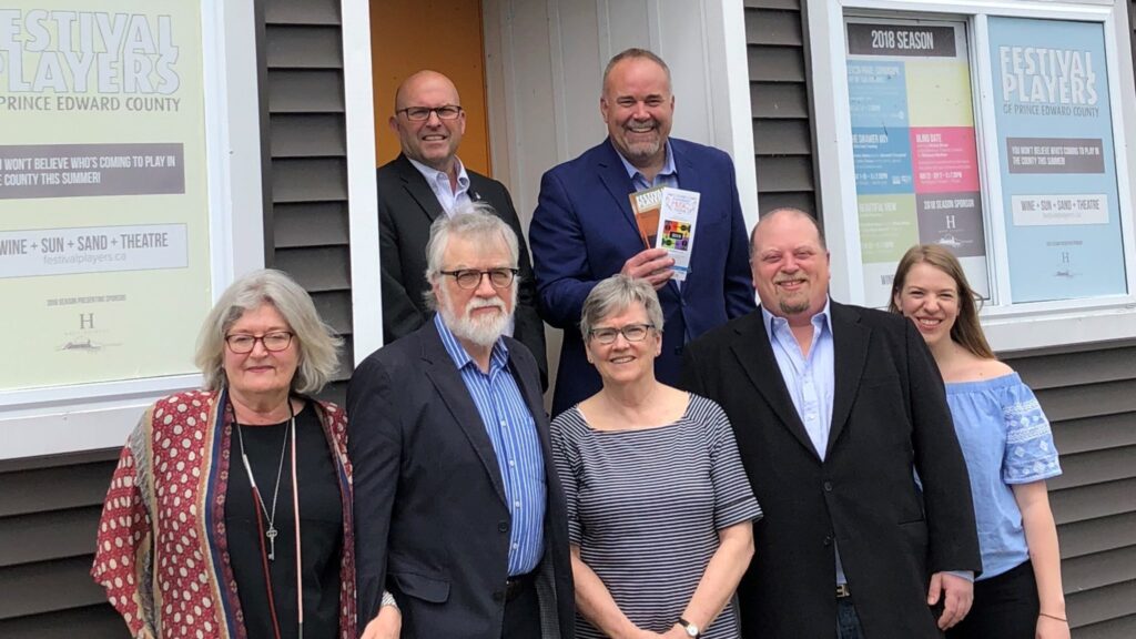 <p>LET’S CELEBRATE- Pictured Friday’s announcement of over $70,000 of Celebrate Ontario funding supporting festivals in Prince Edward County at The Studio Theatre (front row, from left) are Prince Edward County Chamber Music Festival board members Kathie Oliver and David Oliver and chair Maureen Dunn and Festival Players managing director and producer Paul Flicker and associate producer Brianna Gorsline, and (back row, from left) Prince Edward County Mayor Steve Ferguson and Bay of Quinte MPP Todd Smith. (Submitted Photo)</p>
