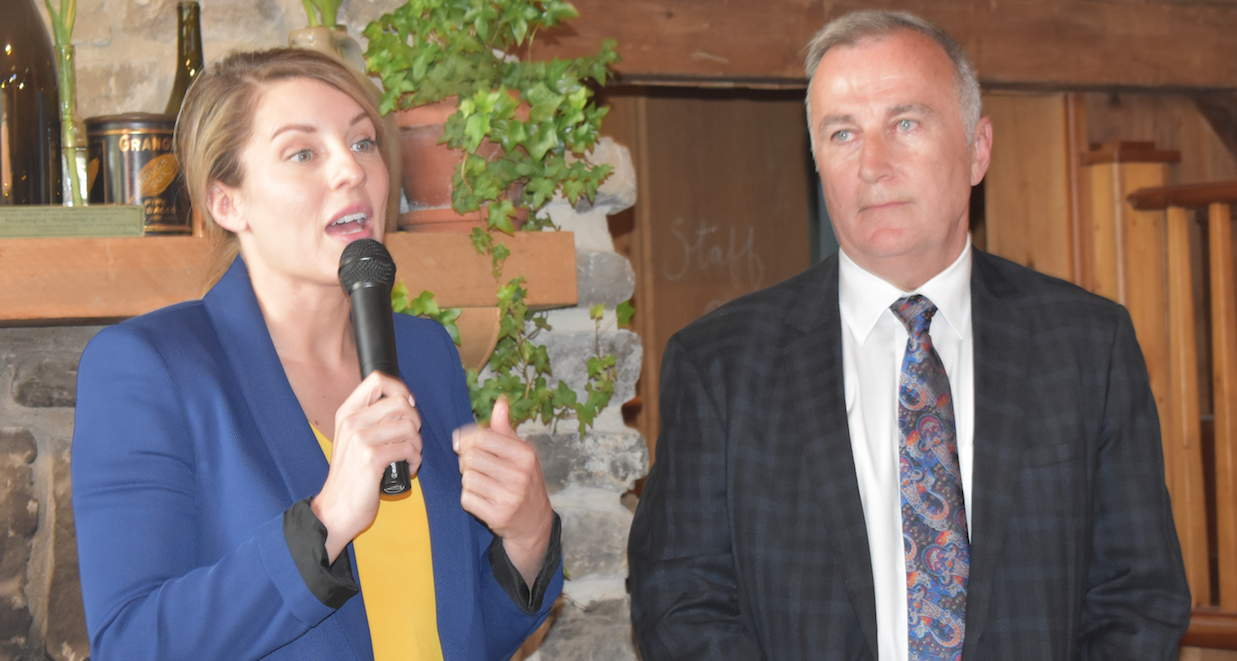 <p>TOURISM INVESTMENT- The Honourable Melanie Joly, Minister of Tourism, Official Languages and La Francophone and Bay of Quinte MP Neil Ellis unveil a new federal three pillar tourism strategy at the Grange Winery in Picton on Tuesday. (Sarah Williams/Gazette Staff)</p>
