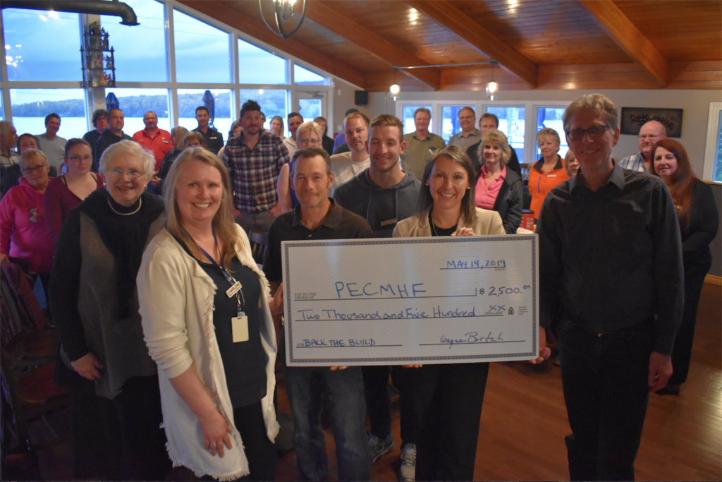<p>BUILDING  BLOCKS – Members of the Prince Edward County Construction Association presented officials with the Prince Edward County Memorial Hospital  Foundation and Quinte Health Care $2,500 to support the Back the Build campaign Tuesday evening. (Sarah Williams/Gazette Staff)</p>
