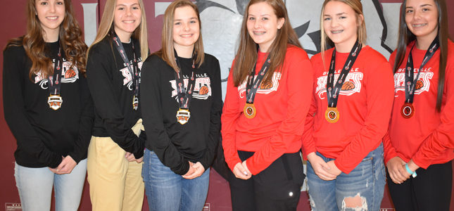 <p>Champs -County basketball players (from left) Gracie Burris, Vanessa Wilton, Hannah Goad, Mary Kate Wilton, Emma Brady and Lauren Smith all won OBA championships this season. Not pictured is Wellington’s Holly Morton.(Jason Parks/Gazette staff)</p>
