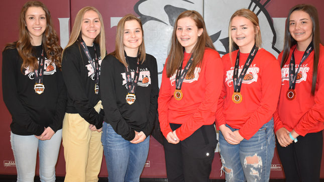 <p>Champs -County basketball players (from left) Gracie Burris, Vanessa Wilton, Hannah Goad, Mary Kate Wilton, Emma Brady and Lauren Smith all won OBA championships this season. Not pictured is Wellington’s Holly Morton.(Jason Parks/Gazette staff)</p>
