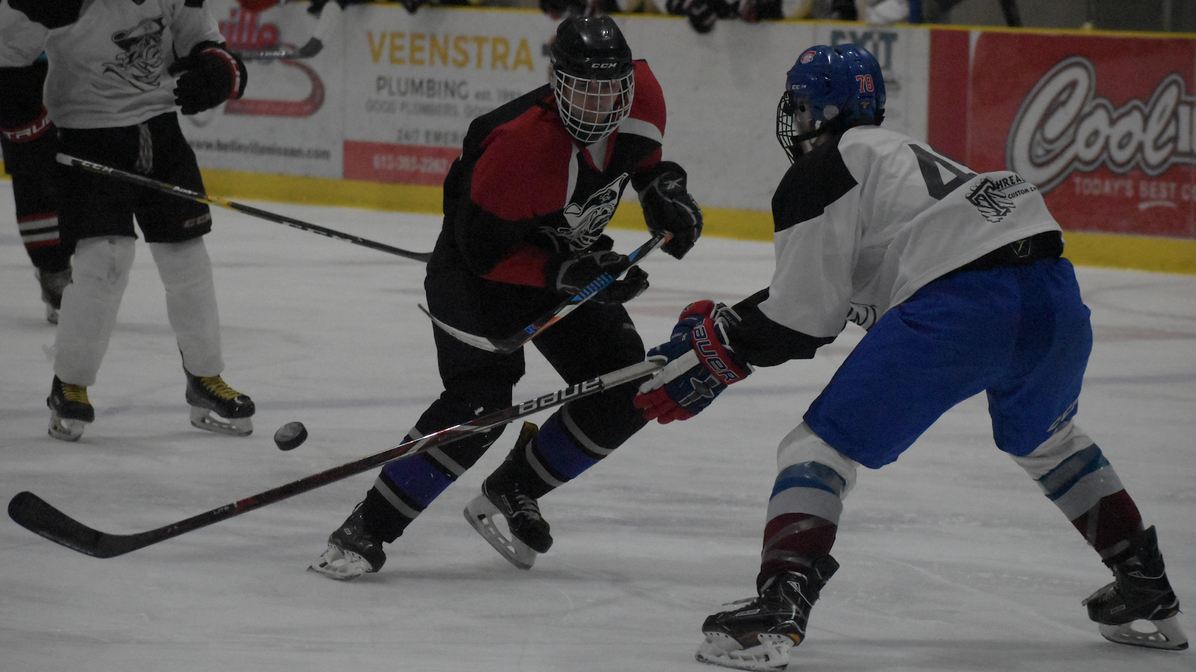 <p>CHARGING HARD- Prince Edward County Kings product Riley St. Pierre chips the puck past a defender at the Picton Pirates spring prospects camp Thursday night at Lehigh Arena in Wellington. (Jason Parks/Gazette Staff)</p>
