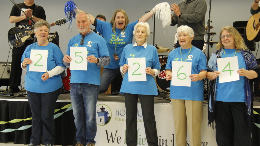 <p>HOORAY FOR HOSPICE (From left) Sandy Jeaees, John Jeaees, Amber Putman, Mary Leyendeckels, Marianne Malachowski and Margot Rivers reveal the total donations raised by the teams and individuals for the 2019 Hike for Hospice. The event is going virtual this year due to the COVID-19 Pandemic. (Desirée Decoste/Gazette Staff)</p>
