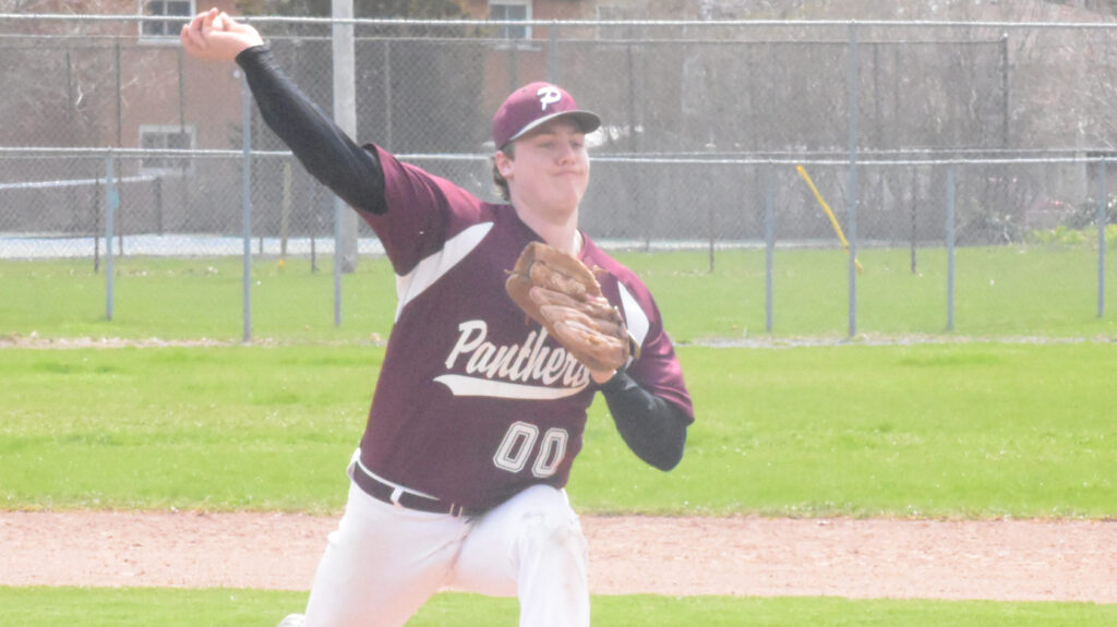 <p>BRINGING HEAT- PECI’s Brodie Byford was perfect in his three innings of work in the Panther’s 9-2 win over visiting Bayside Tuesday as he struck out all nine batters he faced.  (Jason Parks/Gazette staff)</p>
