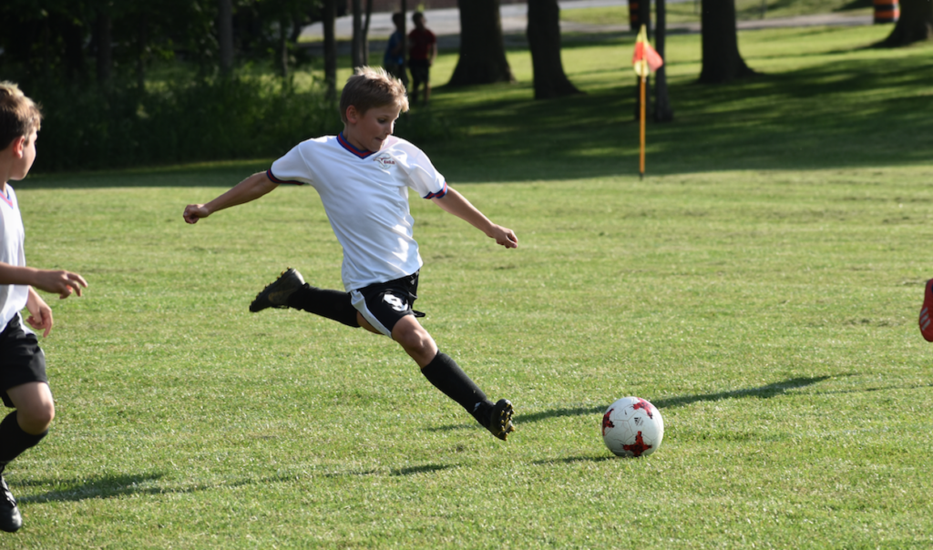 <p>GETTING ALL OF IT- Neil Thompson Services PECSA U10 Eagles Striker Jake Goad shows fine form during his club’s 3-2 setback at the hands of Kingston-based club Pegasus. (Jason Parks/Gazette staff)</p>
