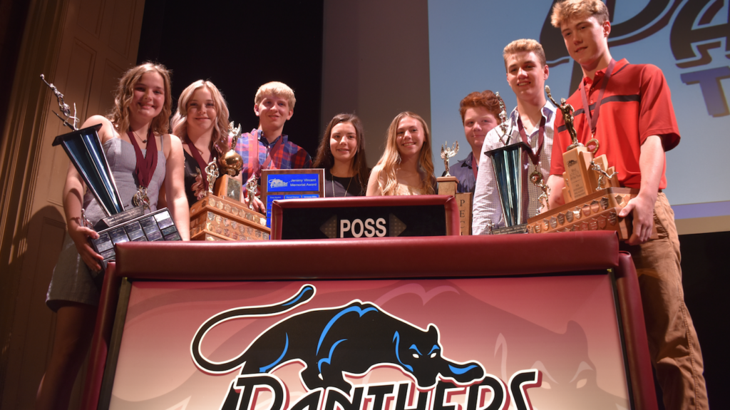 <p>TOP PANTHERS- Sports award winners (from left) Hannah Goad, Mikayla Leavitt, Bruce Reynolds, Lauren Smith, Vanessa Wilton, Aiden Reddick, Nic McGrayne and Cooper Rogers were among the athletes recognized at Wednesday’s PECI Awards Gala at the Regent Theatre. (Sarah Williams/Gazette Staff)</p>
