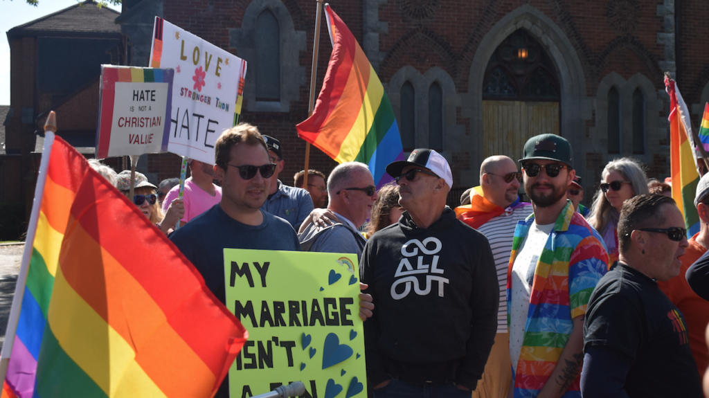 <p>SHOWING PRIDE- Around 600 members of the local LGBTQ2S+ community and like minded supporters protested in front of St. Gregory’s Church on Sunday morning after a portion of the church’s bulletin calling for Catholics and Christians to not attend Pride celebrations. (Jason Parks/Gazette Staff)</p>
