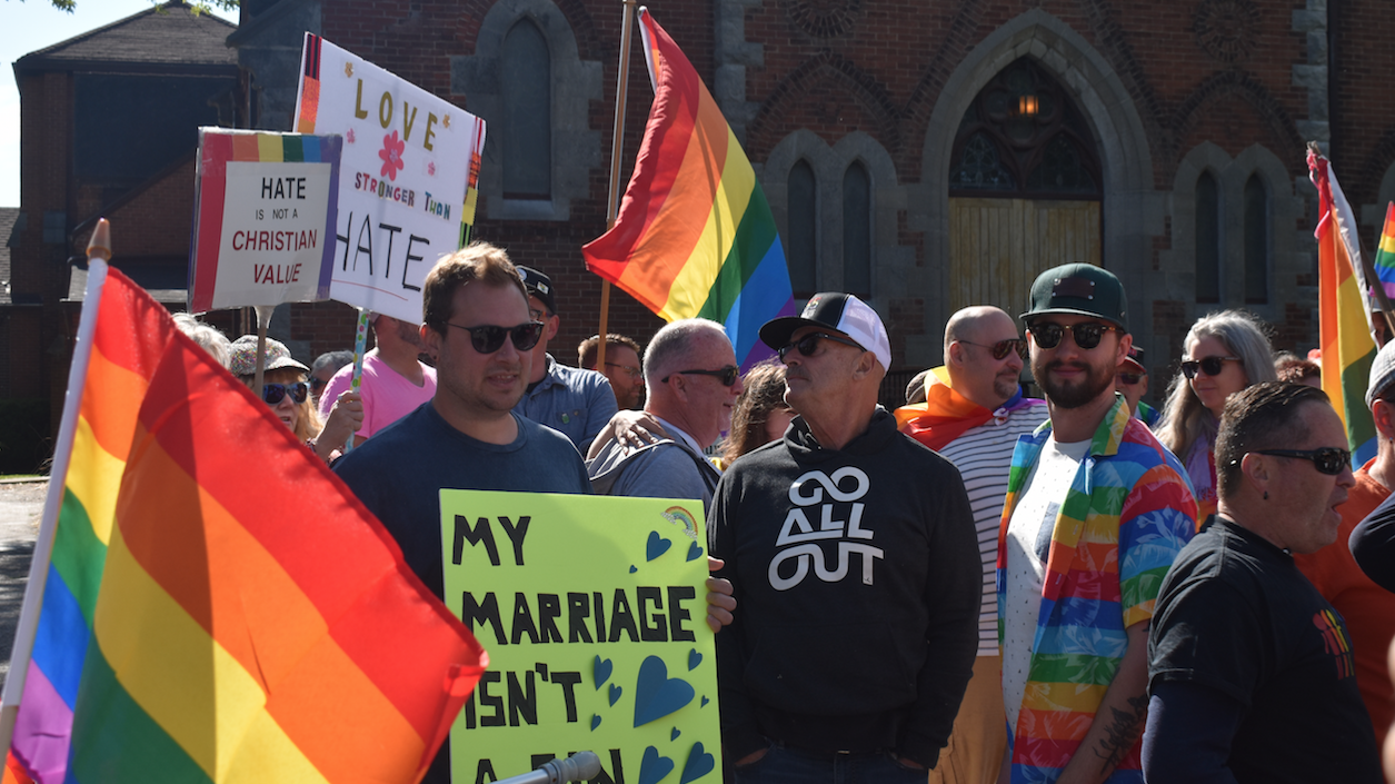 <p>SHOWING PRIDE- Around 600 members of the local LGBTQ2S+ community and like minded supporters protested in front of St. Gregory’s Church on Sunday morning after a portion of the church’s bulletin calling for Catholics and Christians to not attend Pride celebrations. (Jason Parks/Gazette Staff)</p>
