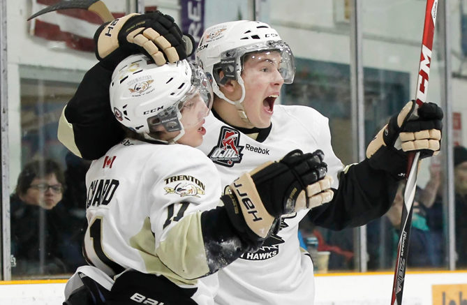 <p>WELLINGTON BOUND (Right) Tamworth native Ryan Smith celebrates a goal in the 2015-16 OJHL season while playing for the Trenton Golden Hawks.  (Amy Deroche/OJHL Images)</p>
