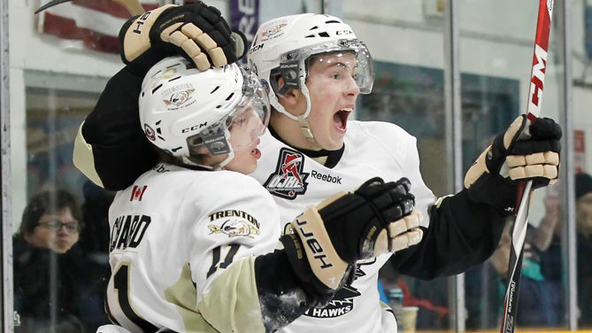 <p>WELLINGTON BOUND (Right) Tamworth native Ryan Smith celebrates a goal in the 2015-16 OJHL season while playing for the Trenton Golden Hawks.  (Amy Deroche/OJHL Images)</p>
