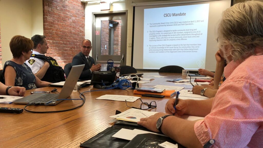 <p>THE UNIT- (Third from left) Detective Staff Sergeant with the East Region’s Community Street Crime Unit Chad Culbert speaks with member of the Prince Edward County Police Services Board on Thursday. (Jason Parks/Gazette Staff)</p>
