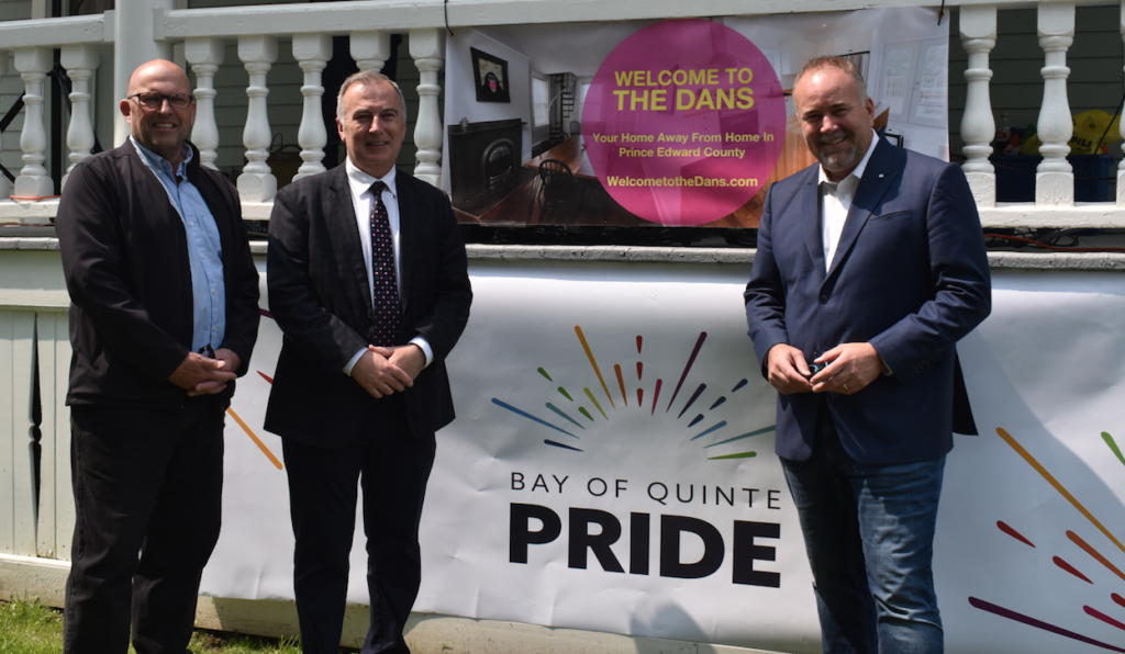 <p>ACROSS THE RAINBOW – (L-R) Mayor Steve Ferguson, MP Neil Ellis and MPP Todd Smith attend the opening ceremonies of Pride Week held in Benson Park, Picton, last Saturday (Sarah Williams/Gazette Staff)</p>
