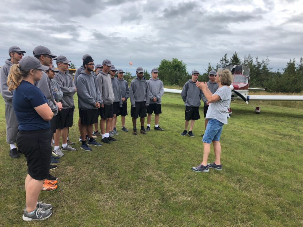 <p>UP, UP AND AWAY- Prince Edward Flying Club Member Mary Rae Main speaks with members of the Mountain View Cadet Flying Training Centre Program on Mon. July 22. (Jason Parks/Gazette Staff)</p>
