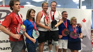 <p>GOLDEN (Centre) Stirling’s Julie Cadeau and Bloomfield native Barry Matthie are 2019 national mixed doubles pickelball champs. (Submitted Photo)</p>
