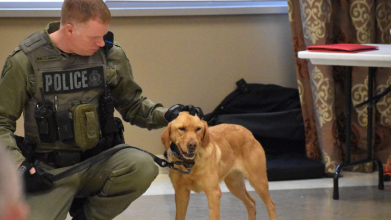 <p>SUCCESSFUL SEARCHERS- OPP Constable Scott Gannon and Zoe, a specialized police tracking dog, were part of the team that successfully rescued a pair of lost teenaged campers in Algonquin Park on Monday morning. (Jason Parks/Gazette File Photo)</p>
