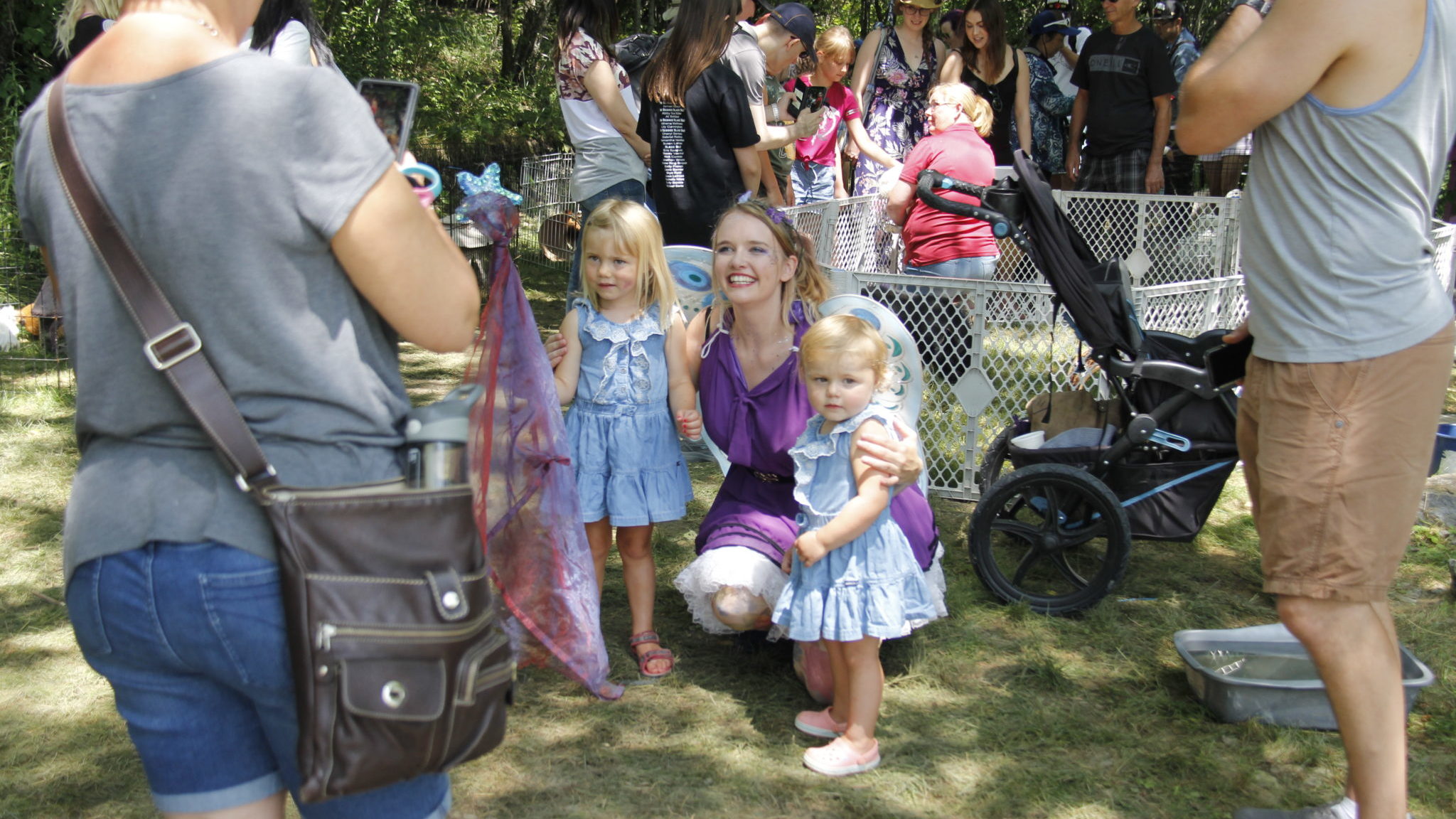 <p>MATCHING MISSES Lavessa (Melissa Radford) the lavender fairy posed with sisters at Kristie’s Portable petting zoo at the 8th annual PEC Lavender Festival on Closson Rd. This year’s event is stretched to two weekends to give more people the opportunity to take in the sights and scents of the Festival. (Desirée Decoste/Gazette Staff)</p>
