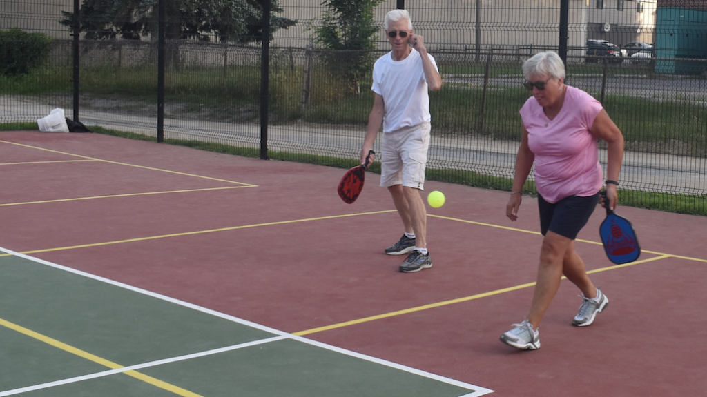 <p>IN A PICKLE- Picton Pickleball Club members Gerry Drennan and Wilma Stevens participate in a game at the Benson Park courts in 2019. (Jason Parks/Gazette Staff)</p>
