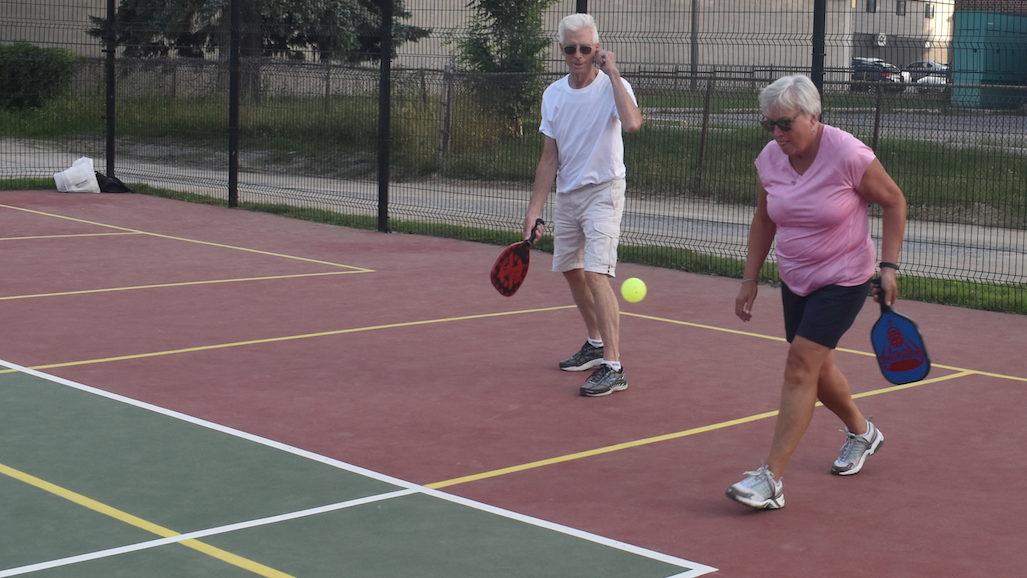 <p>IN A PICKLE- Picton Pickleball Club members Gerry Drennan and Wilma Stevens participate in a game at the Benson Park courts in 2019. (Jason Parks/Gazette Staff)</p>

