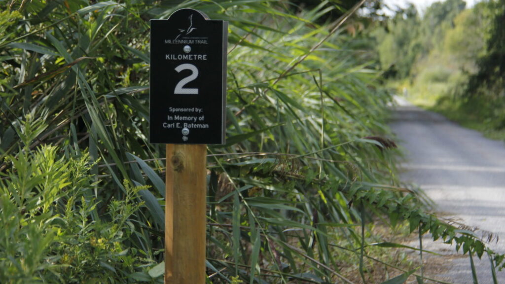 <p>A new Millennium Trail Kilometre marker near Smoke’s Pt. Road. (Desirée Decoste/Gazette Staff)</p>

