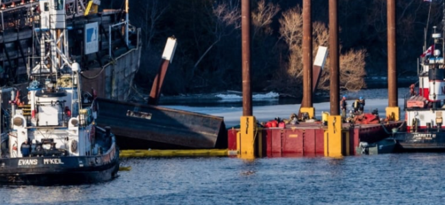 <p>The sinking of the barge the Pitts Carillon at Picton Terminals in March, 2017. (SOPF).  (Dave Tugwood/For the Gazette)</p>
