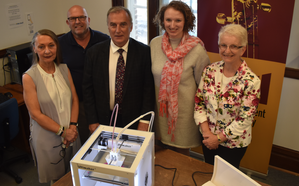 <p>PRINTING PRACTICE- (From Left) Prince Edward County head Librarian Barbara Sweet, Mayor Steve Ferguson, Bay of Quinte MP Neil Ellis, staff member Julie Lane and Prince Edward Lennox & Addington Community Futures Chair Angela Miller at Friday’s announcement of an $8,855 grant that’s allowed the Picton Branch to secure three pieces of technologically  advanced equipment including a 3D Printer. (Jason Parks/Gazette Staff)</p>
