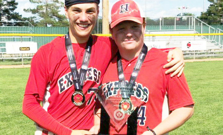 <p>(From left) County natives Nic McGrayne and Aiden Reddick are national softball champions after their U 16 Napanee Express won the 2019 Softball Canada National Championships in Saskatoon, SK Sunday.<br />
(Submitted Photo)</p>
