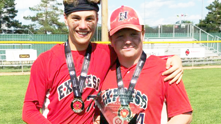 <p>(From left) County natives Nic McGrayne and Aiden Reddick are national softball champions after their U 16 Napanee Express won the 2019 Softball Canada National Championships in Saskatoon, SK Sunday.<br />
(Submitted Photo)</p>

