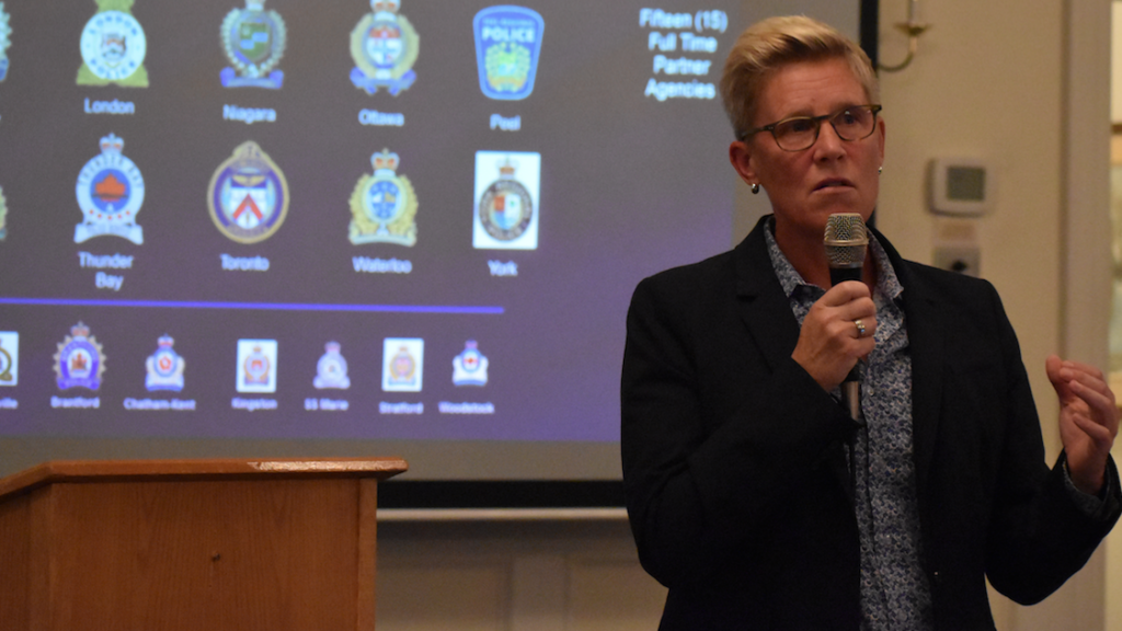 <p>UNIFIED EFFORT- OPP Detective Staff Sergeant Leslie Waldron presented an overview of outlaw motorcycle gang activity in Ontario at the Ontario Association of Police Service Boards Zone Two Conference at Waring Hall in Picton on Thursday. (Jason Parks/Gazette Staff)</p>
