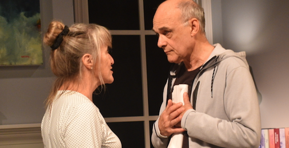 <p>WHAT’S IN A NAME – (L-R) Lucy Hopperstaad (Joan McBride) speaks to David Kilbride (John Koensgen), the man she has served for 28 years. (Sarah Williams/Gazette Staff)</p>
